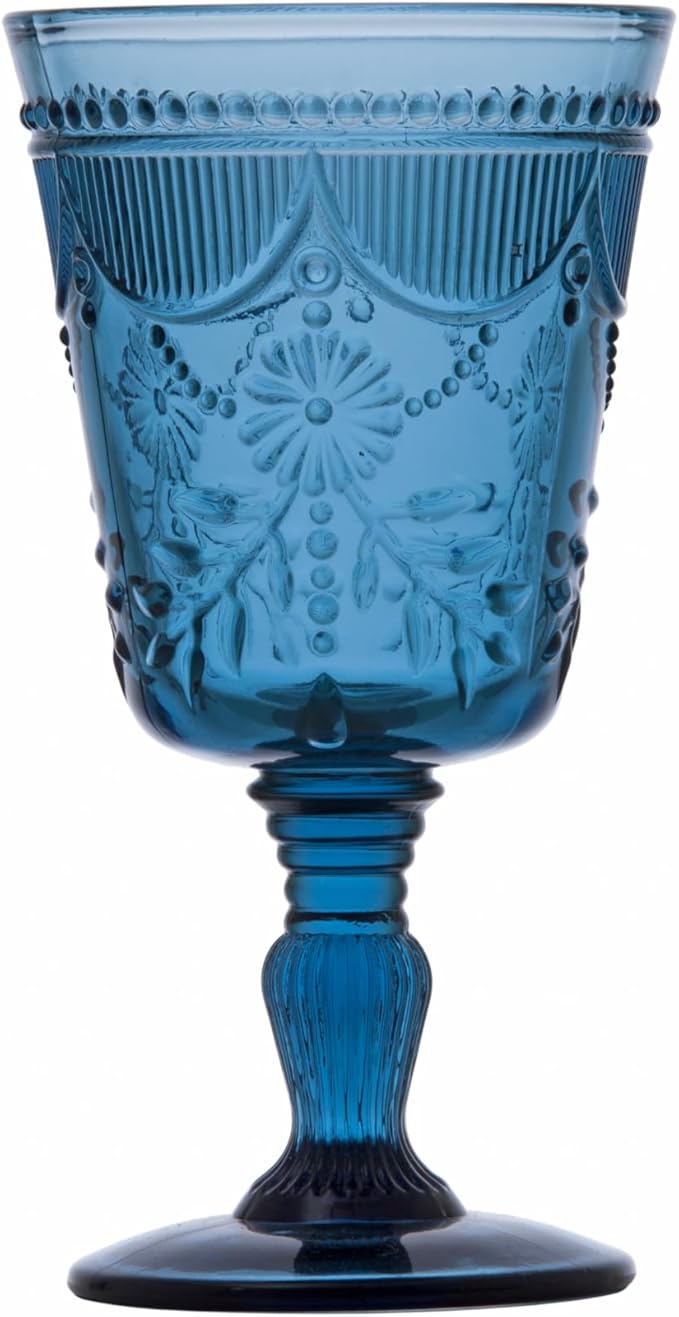 FORTESSA Debutante Vintage Themed Glassware, 10 Ounce Water Goblets (Set of 6), Dishwasher-Safe Water Glasses, Cornflower Blue