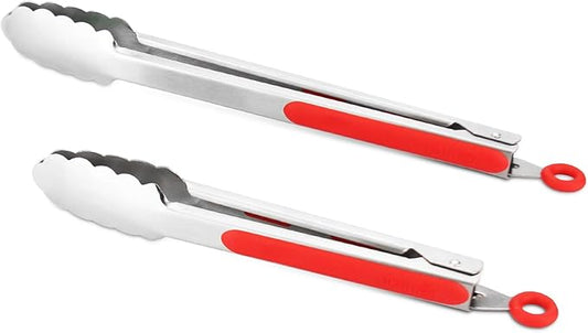 304 Stainless Steel Kitchen Cooking Tongs, 9" and 12" Set of 2 Sturdy Grilling Barbeque Brushed Locking Food Tongs with Ergonomic Grip, Red