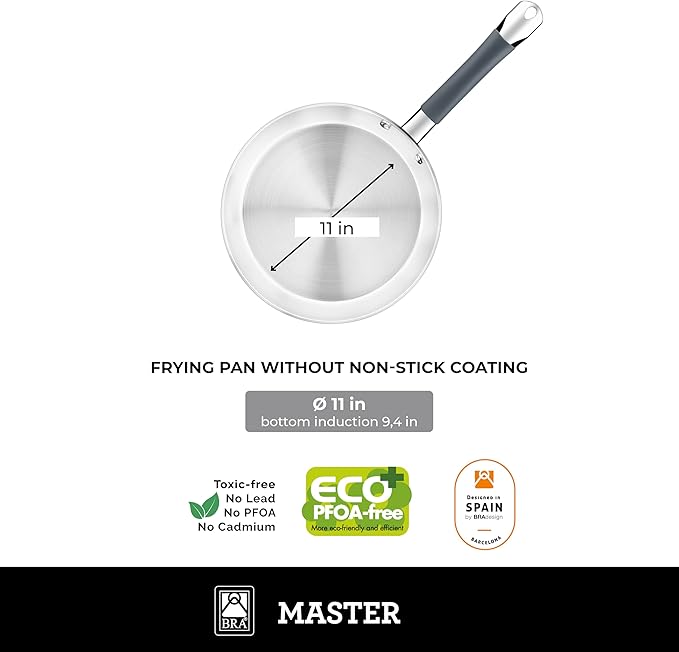 BRA COOKWARE Master 2 Frying Pan Set | 9.5 + 11 inches Professional Skillets | Stainless Steel Frypan | All Stovetop Compatible - Full Induction Skillet | PFAS Free | w/o Non-Stick | Shiny Finish