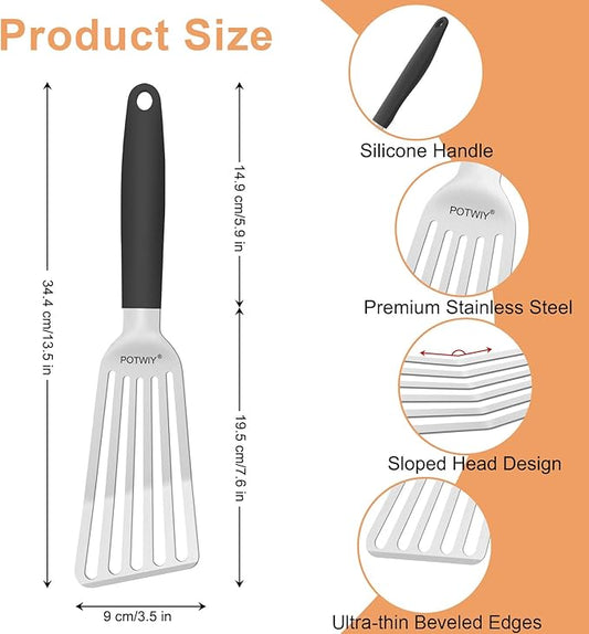 Stainless Steel Fish Spatula, Metal Fish Turner with Silicone Handle, Kitchen Slotted Spatula for Cast Iron Skillet Cooking and Grilling, Beveled Edge and Curved Blade, 13.5 Inch