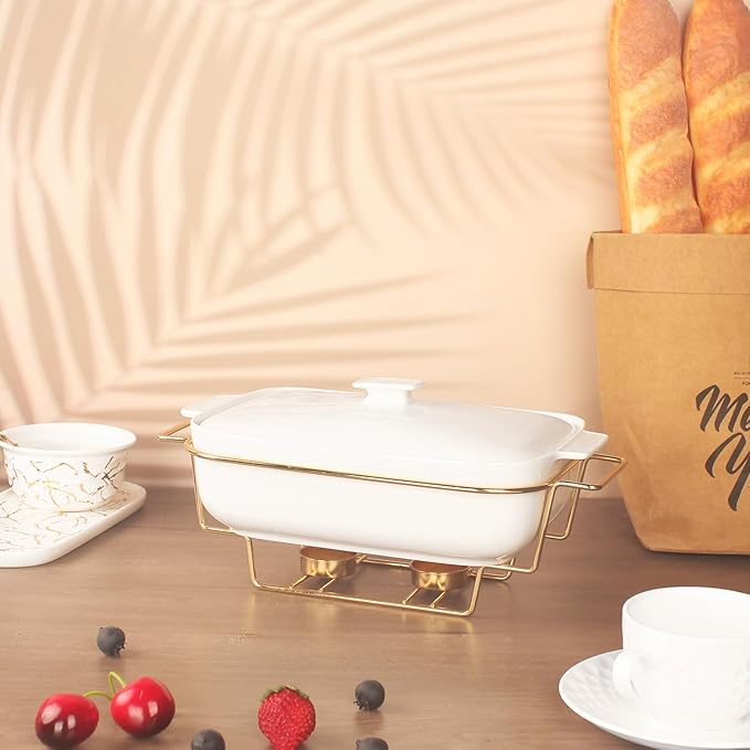 Casserole Dish with Lids 1.7 Quart Ceramic Bakeware Set with Lids and rack, 10 x 7 Lasagna Pan Deep with Lid, Rectangular Bakeware With Handle, Microwave, Dishwasher, Oven Safe, White