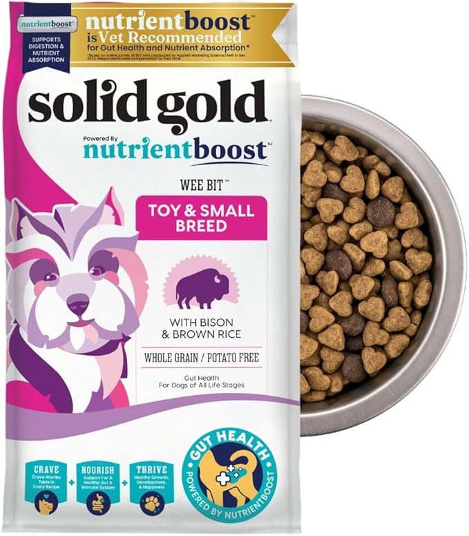 Solid Gold Toy & Small Breed Dog Food Dry Small Bites – Real Bison & Healthy Whole Grain Dogfood – Potato Free, High Fiber Healthy Dog Kibble w/Probiotics for Gut Health – NutrientBoost™ – 3.75 lb