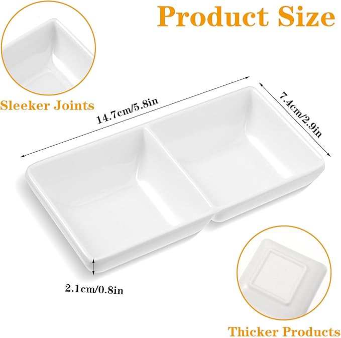 16 Pcs Sauce Dish, Dual Dipping Bowls Large Capacity Dual Sauce Bowls, Soy Two Compartments Party Trays Divided Fondue Plates for Restaurant Kitchen Sushi Soy Sauce (White)