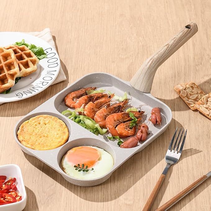 CLANK 3-in-1 Non-stick Egg Frying Pan with Detachable Heat-resistant Handle Multi-functional 3-section Breakfast Pan Portable for Dormitory Use, Suitable for Gas Stove and Induction Cooker