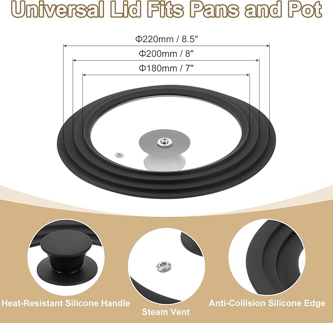 uxcell 1Pcs Universal Lid for Pot Fit 7, 8, 8.5 Inch Diameter Cookware, Replacement Pan Lids with Heat Resistant Silicone Rim, Steam Vent Pan Lid for Pots, Frying Pans, Skillets, Black