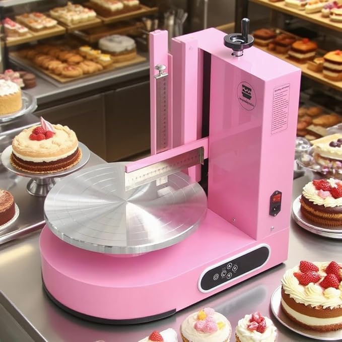 Semi Automatic Birthday Cake Smoothing Coating Machine, AC110V 4-14in Cake Cream Spreading Machine, Cakes Decorating Cream Coating Machine Turntable with Graduated Scraper, Baking Supplies (Pink)
