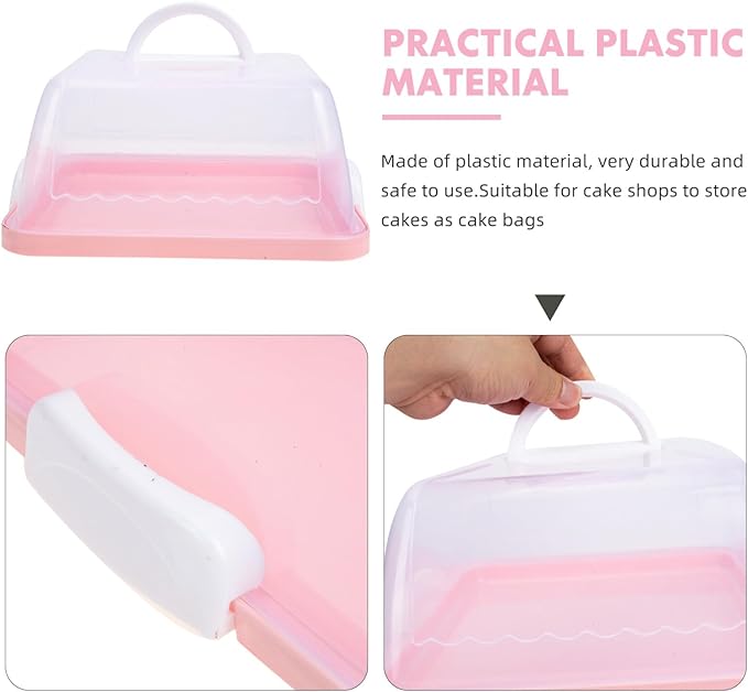 VICASKY 8'' Square Cake Box Portable Dessert carrier, plastic Bread with Handle, small Clear Packing Container for Transparent Carrier Lid Storage Desserts Handle-attached Server 8-inch Pink