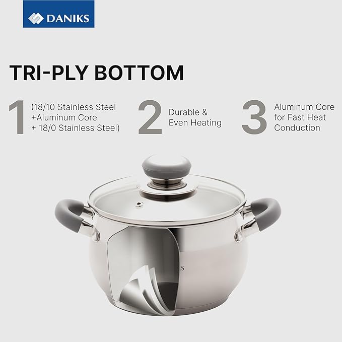 Daniks Modern 10-Piece Stainless Steel Induction Cookware Set – Dishwasher Safe Saucepan, Pots with Heatproof Handles, Glass Lids, Silver