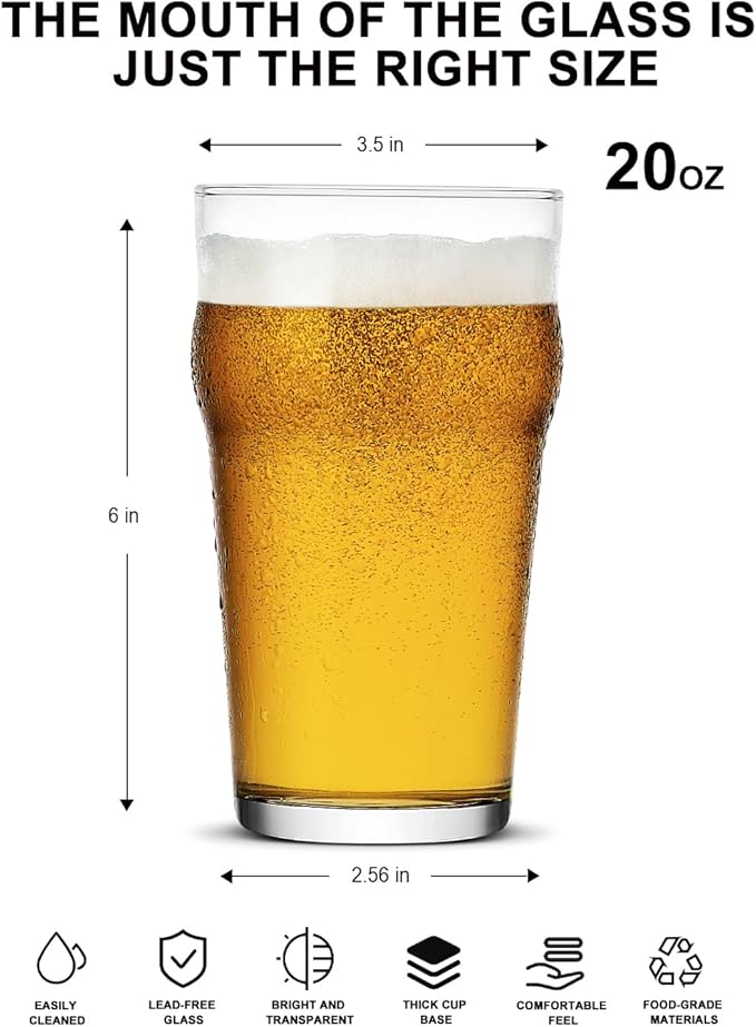 Pint Glasses,20oz British Beer Glass,Classics Craft Beer Glasses,Premium Beer Glasses Tumbler Set of 2, Pub Beer Glasses,Unique Design Beer Glasses Easy Stacking in The Cupboard