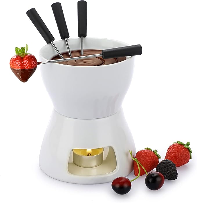400ML Ceramic Butter Warmer Set with 4 Forks, Fondue Pot Melting Pot Set, Melt Hot Pot Bowl Set For Cheese Chocolate Butter Caramel