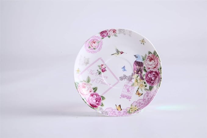 London Boutique Coffee Tea Cup and Saucer Set 4 Shabby Chic Vintage Porcelain Bird Butterfly Flora Gift Box 7.5OZ (Bird Rose Butterfly)