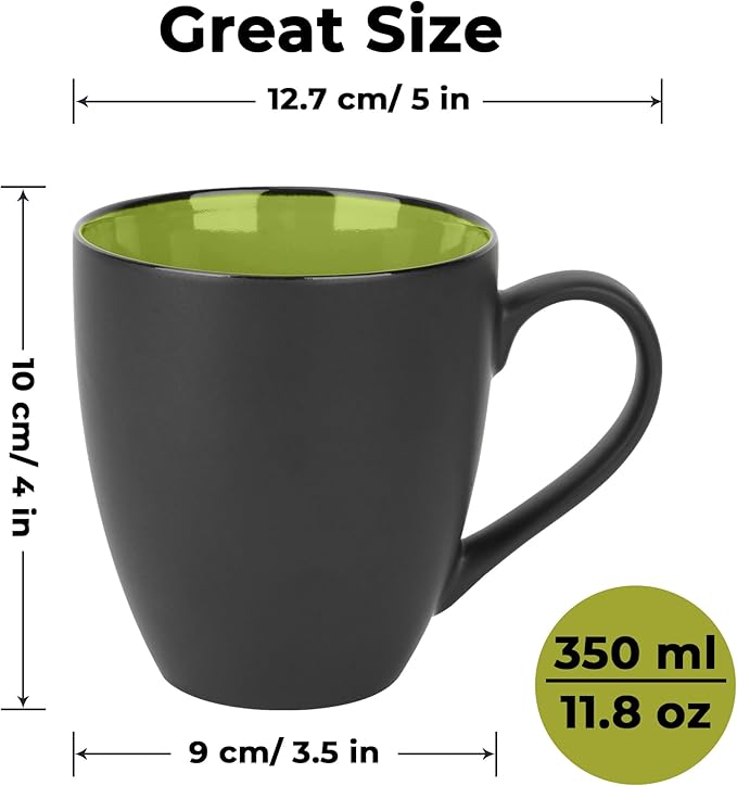 MIAMIO - Set of 6 Stoneware Coffee Mugs 12 Ounce/Cup Set - Le Papillon Collection (Black-Green)