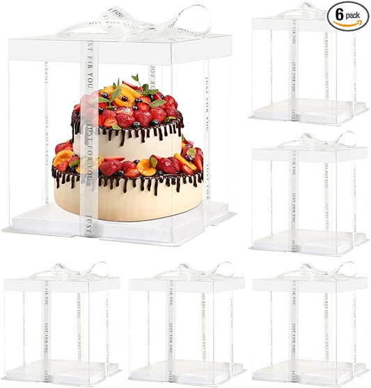 12x12x10inch 6Pcs Tall Cake Boxes Clear cake Box with Ribbon,Pre Folded Lid for 10" and 11" Inch Tall Layer Tiered Cakes and Bakery Display Birthday Wedding Party(Clear Lid, 12*12*10inch/6Pcs)