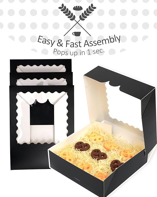 qiqee Auto-pop Up Black Pie Boxes with Window 10x10x2.5 inch 20Packs Cookie Donut Bakery Box