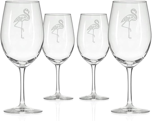 Rolf Glass Flamingo All Purpose Wine Glass | 18oz Large Stemmed Glasses | Lead-Free and Sand-Etched | Coastal and Tropical Engraved Flamingo Design | Made in the USA | Set of 4