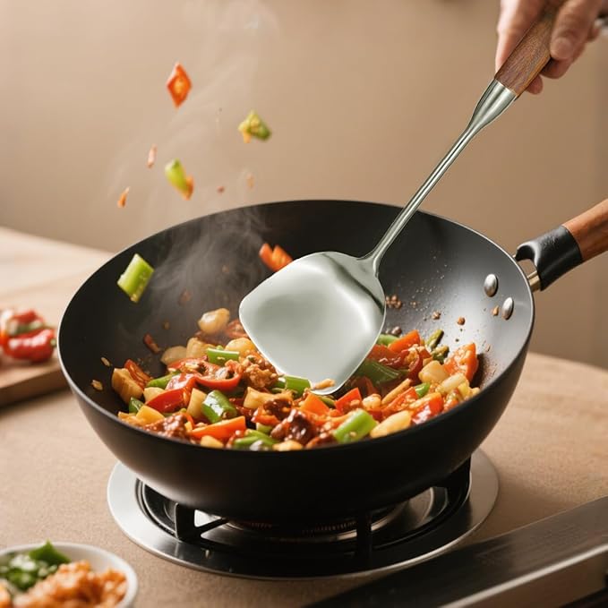 18/10 Stainless Steel Kitchen Utensils Set 4 Pcs Cooking Utensil with Wood Handle, 15” Long Handle Spatula, Soup spoon, Leaking shovel, Kitchen Tools Set (Wood handle - 4 Piece)