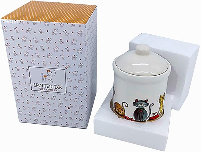 SPOTTED DOG GIFT COMPANY Ceramic Jar with Lid for Countertop, Decorative Cat Food Storage Kitchen Canister for Coffee Tea Sugar, Novelty Treat Container, Gifts for Cat Lovers Pet Owners 35oz