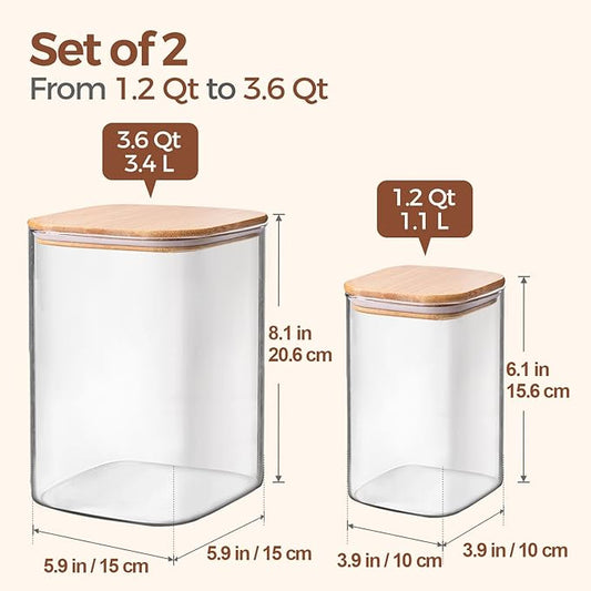 ComSaf Glass Food Storage Containers, 3.6Qt/1.2Qt Glass Flour and Sugar Containers with Airtight Lids, Large Square Jars with Bamboo Lids for Rice, Pasta, Oats, Grains, Cookies, Snacks, Candy