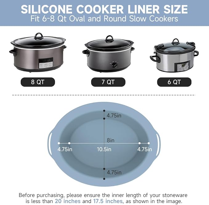 ChefAid Slow Cooker Liners, 100% Silicone Reusable Crock Pot Insert Accessories for 6-8 Oval or Round Quart Slow Cookers, Food Safe & Dishwasher Safe (NavyBlue-GrayishBlue)