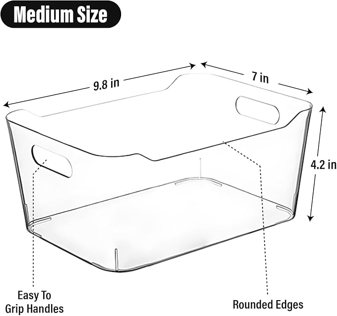 Clear Plastic Storage Bins, Perfect for Kitchen Organization or Pantry Organization and Storage, Medium Fridge Organizer Plastic Bins, Pantry Organization and Storage Bins, Cabinet Organizers