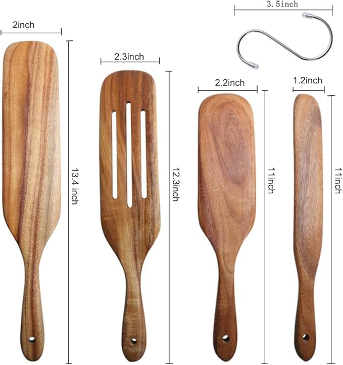 Spurtle Set, Natural Acacia Wooden Kitchen Utensils Set of 4, Wooden Spoons Utensils for Cooking, stirring, Mixing, Serving, spurtles kitchen tools as seen on tv for NonSick Cookware
