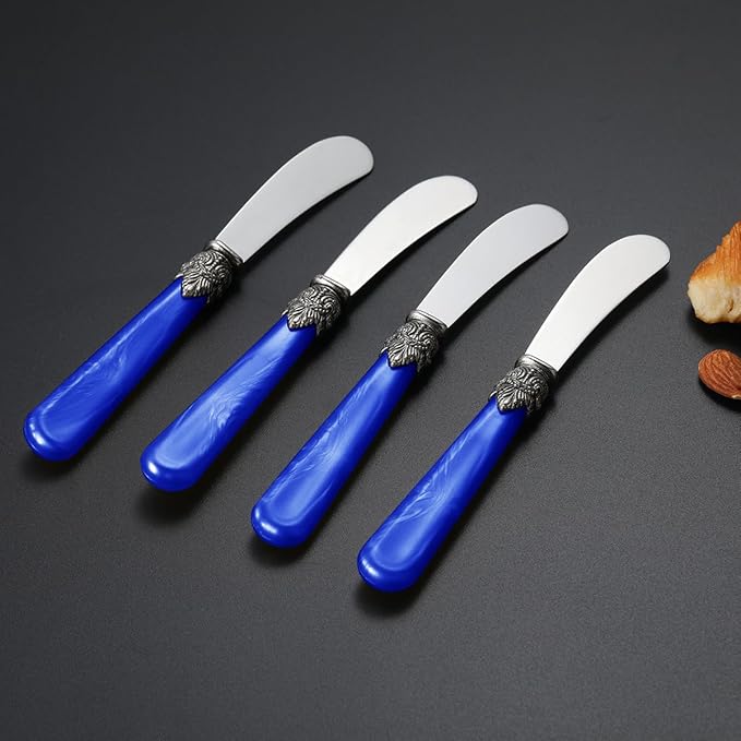 REVERIE Collection 4-piece Stainless Steel Butter Spreader Cheese Knife, Giftable Butter Knives set, Bread Knife set (Blue)