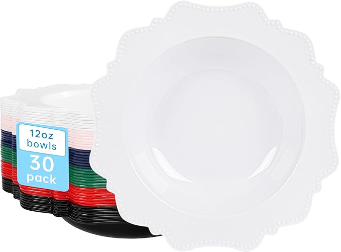 COLOSUS Plastic Multi-color Bowls (30 Pack) 12 Oz Disposable for Party Dessert/Salad Bowl, Fancy Shatterproof Dinnerware for Catering, Holidays, Children Party, and Everyday Use