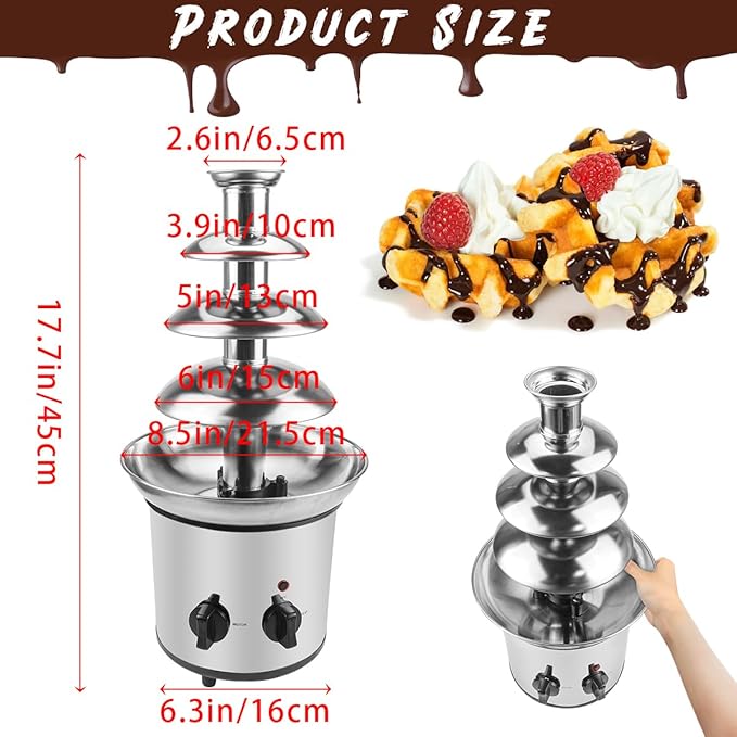 4 Tiers Chocolate Fountain Electric Chocolate Fondue Fountain,2-Pound Capacity,Stainless Steel Cascading Fondue Heat Motor Controls Pot for Cheese, Melting Chocolate, Liqueurs