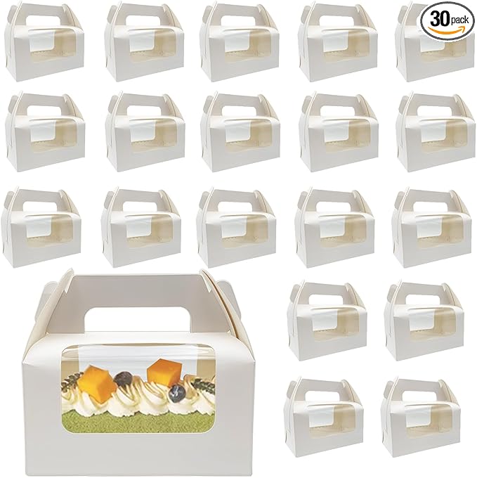 30 Pcs 6.3 Inch Window Roll Cake Gable Boxes Bulk with Handle & Cake Boards, Homemade & Bakery White Paper Favor Containers, Easy Carrying, Gift Boxes for Christmas Wedding
