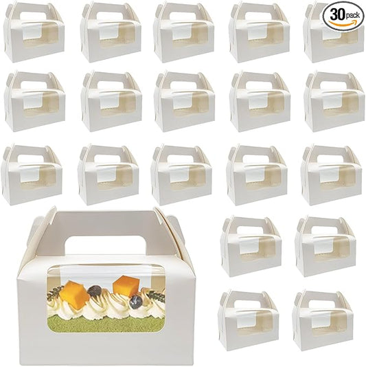 30 Pcs 6.3 Inch Window Roll Cake Gable Boxes Bulk with Handle & Cake Boards, Homemade & Bakery White Paper Favor Containers, Easy Carrying, Gift Boxes for Christmas Wedding
