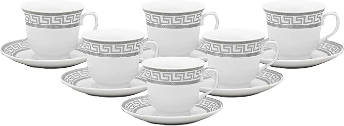 Porcelain Tea Cup and Saucer Set - 12 Piece White and Silver Greek Key Design - 6.5 oz Cups, 5.5 inch Saucers - Vintage Tea Set For Adults, Elegant Party Tea Cup Set (Meander Silver)