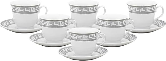 Porcelain Tea Cup and Saucer Set - 12 Piece White and Silver Greek Key Design - 6.5 oz Cups, 5.5 inch Saucers - Vintage Tea Set For Adults, Elegant Party Tea Cup Set (Meander Silver)