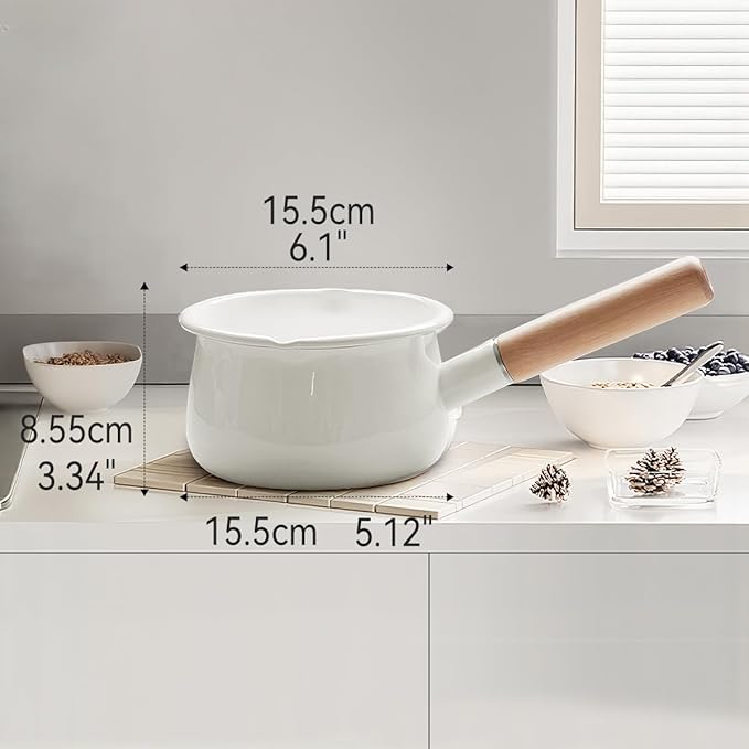 Enamel Milk Pan with Dual Pour Spout Butter Warmer Milk Pot for Stove Top Healthy White Enameled Inside Coating Iron 1QT Small Soup Pot with Wooden Handle (White)