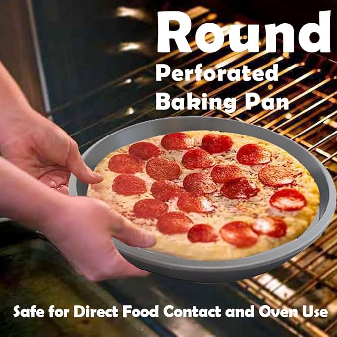 Perforated Pizza Pan, 2-Pack Oven Ready Pizza Tray, Carbon Steel Perforated Pizza Pan, Non-Stick Round Pizza Baking Pan for Frozen and Homemade Pizza Home Kitchen Restaurant - 11 Inch, Black