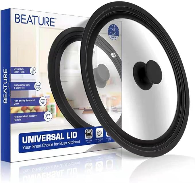 BEATURE Universal Tempered Glass Lid with Heat Resistant Silicone Rim - Fits 9.5" - 11" Diameter Cookware, Replacement Lid for Frying Pan and Cast Iron Skillet