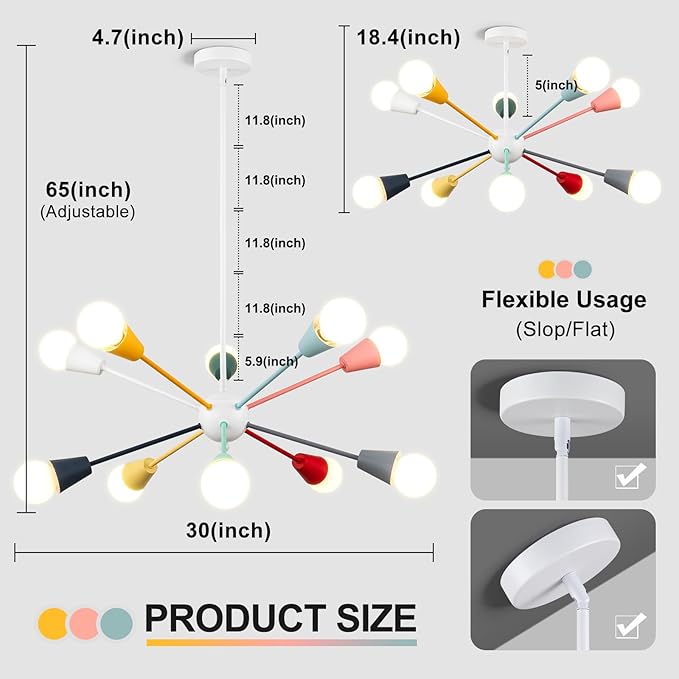 Colorful Sputnik Chandeliers, 10-Light Dining Room Light Fixture Height Adjustable Modern Chandelier Lighting Kids Ceiling Light Fixture for Bedroom Living Room Entryway Foyer