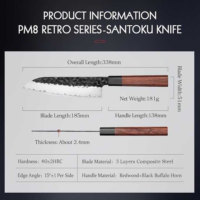 HEZHEN Santoku Knife, 7 Inches, 3 Layers Clad Steel Chef Knife,Professional Japanese Kitchen Knife for Chefs and Home Cooking,Wooden Octagonal Handle