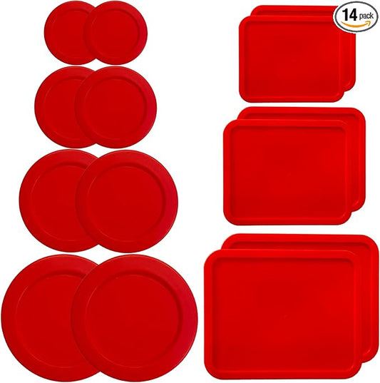 1, 2, 4 & 7 Cup Red Round & 3, 6, 11 Cup Red Rectangle Replacement Lids/Covers for Pyrex, Anchor Hocking & KlareWare Storage Bowls *Lids Only -Glass Container Not Included*, 14 Pack *2 of Each Size*