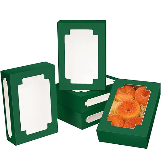 qiqee Deep Green Cookie Boxes for Gift Giving 8x5.3x2 inch 24Packs Deep Green Bakery Box with Window Treat Box for Donuts Candies and Biscuit