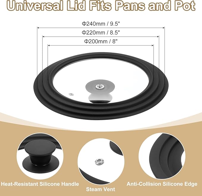uxcell 1Pcs Universal Lid for Pot Fit 8, 8.5, 9.5 Inch Diameter Cookware, Replacement Pan Lids with Heat Resistant Silicone Rim, Steam Vent Pan Lid for Pots, Frying Pans, Skillets, Black