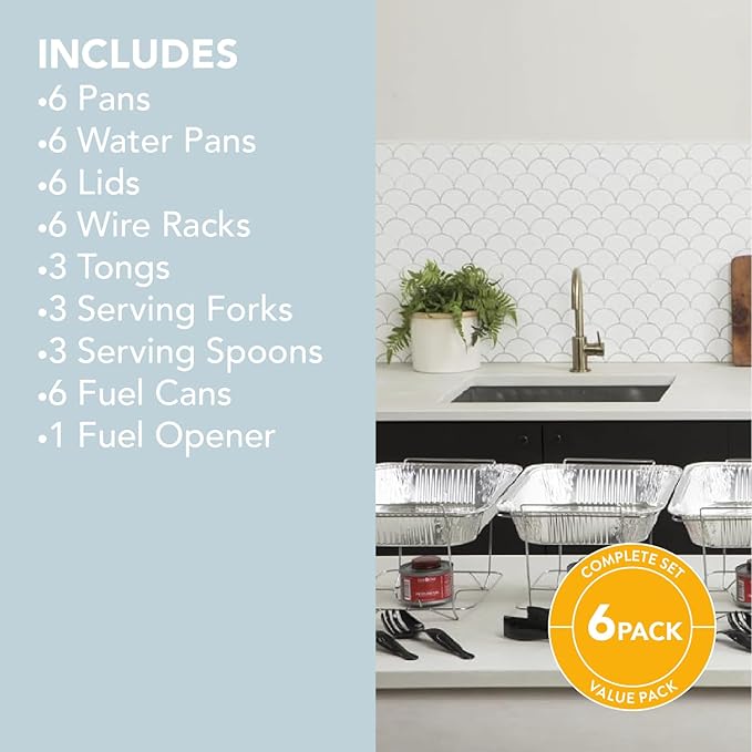 6 Pack - Disposable Chafing Dish Buffet Set, Welded Body Food Warmers for Parties, Fuel Cans Complete Set, Half Size Pans, Warming Trays