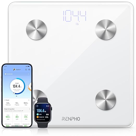 RENPHO Smart Scale, Digital Bathroom Scale for Weight, Scale with BMI, Body Fat, Muscle Mass, Body Composition Analysis, Highly Accurate Bluetooth Scale with APP, 400lbs, White-Elis 1