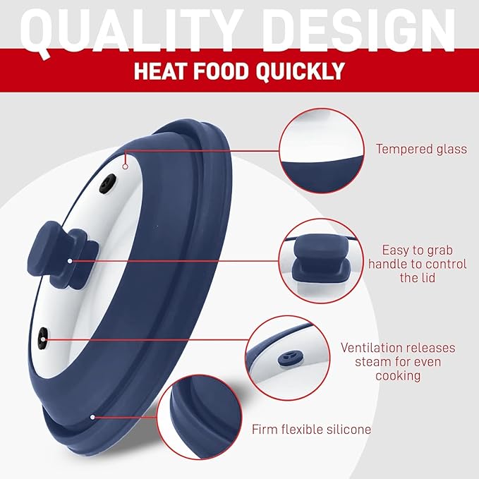 Microwave Splatter Cover Glass 11.8 Inch - Collapsible Microwave Splatter Cover for Plate & Bowl - Tempered Glass Top, Food-Grade Silicone Dome with Heating Vents & Heat-Safe Handle (BLUE DARK)