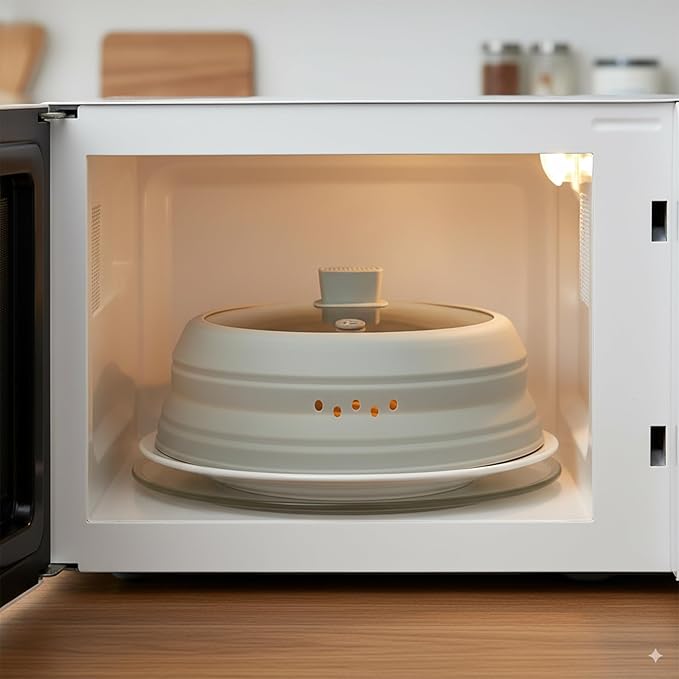 Microwave Splatter Cover Glass Microwave Cover for Food Collapsible Splatter Guard Lid with Silicone Handle for Pot Plate Bowl 9.8 Inch Gray