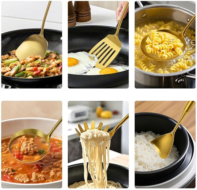 304 Stainless Steel Kitchen Utensils Set, 13PCS Metal Cooking Tools, Masher, Fork, 2Tongs, Solid Spoon, Slotted Spoon, Spatula, Whisk, Skimmer, Slotted Tunner, Soup Ladle, Spaghetti Spoon, Large Ladle