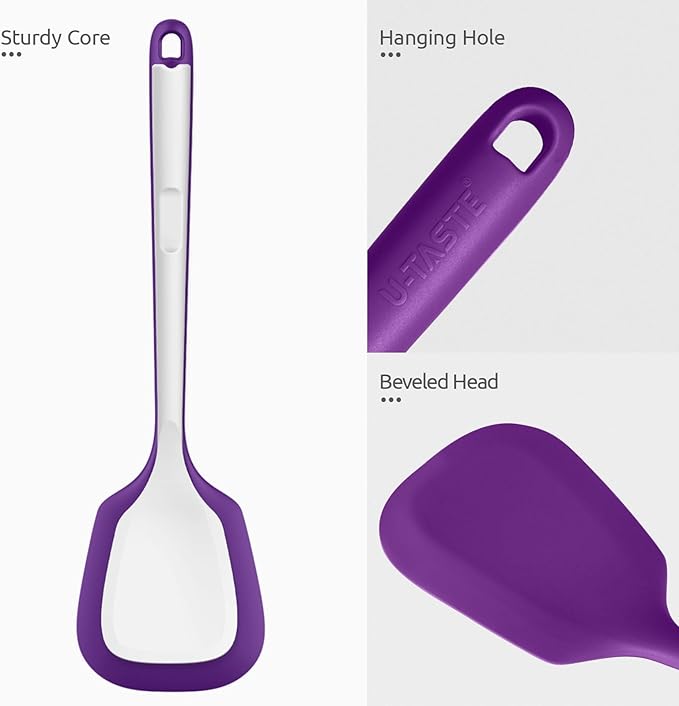 600ºF Heat Resistant Silicone Turner: U-Taste 13.6in Solid Kitchen Spatula Flipper, Food Grade Flexible & Thin Rubber Seamless Cooking Utensil for Flipping Egg, Pancake in Nonstick Cookware (Purple)