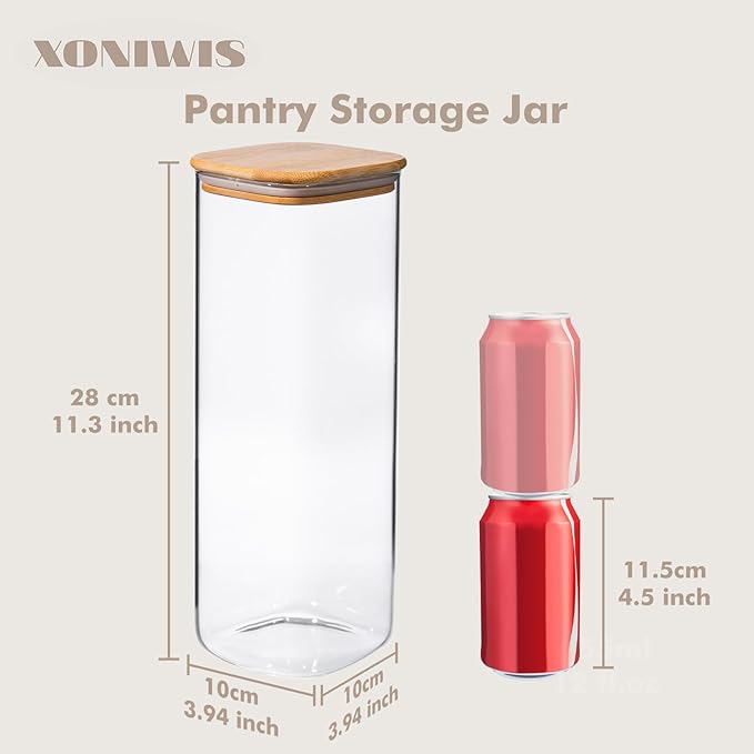 73oz 3PCS Sqaure Spaghetti Pasta Storage Containers with Lids, Pantry Containers Tall Glass Tight Food Storage Jars with Lids for Penne, Macaroni, Lasagna, Fusilli, Cereal, Flour, Sugar, Oats