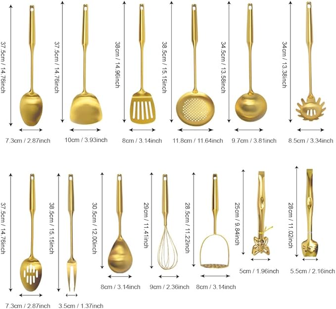 304 Stainless Steel Kitchen Utensils Set, 13PCS Metal Cooking Tools, Masher, Fork, 2Tongs, Solid Spoon, Slotted Spoon, Spatula, Whisk, Skimmer, Slotted Tunner, Soup Ladle, Spaghetti Spoon, Large Ladle