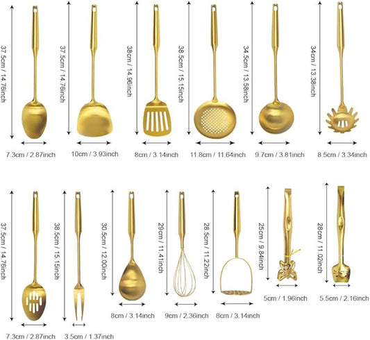 304 Stainless Steel Kitchen Utensils Set, 13PCS Metal Cooking Tools, Masher, Fork, 2Tongs, Solid Spoon, Slotted Spoon, Spatula, Whisk, Skimmer, Slotted Tunner, Soup Ladle, Spaghetti Spoon, Large Ladle