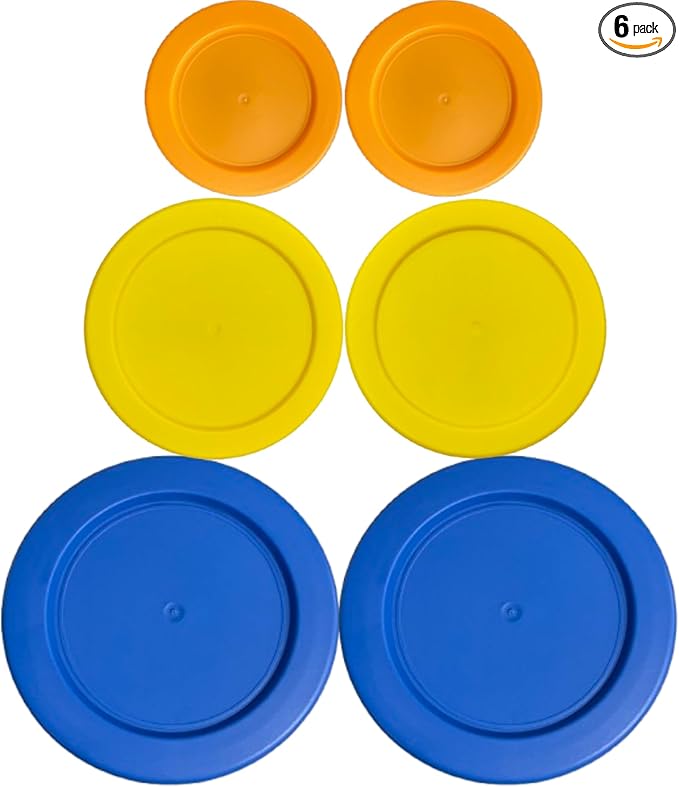 2, 4 & 7 Cup Orange, Yellow, Blue Replacement Lids/Covers for Pyrex, Anchor Hocking & KlareWare Storage Bowls *Lids Only Glass Container Not Included* (6 Pack *Two of Each Size*)